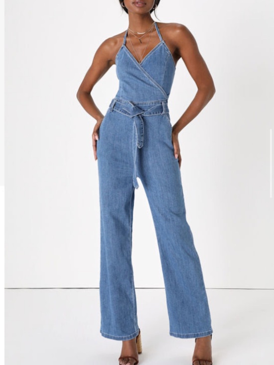 Lulus Pants - Lulu's Light Blue Denim Wrap-Strap Jumpsuit with Tie Belt